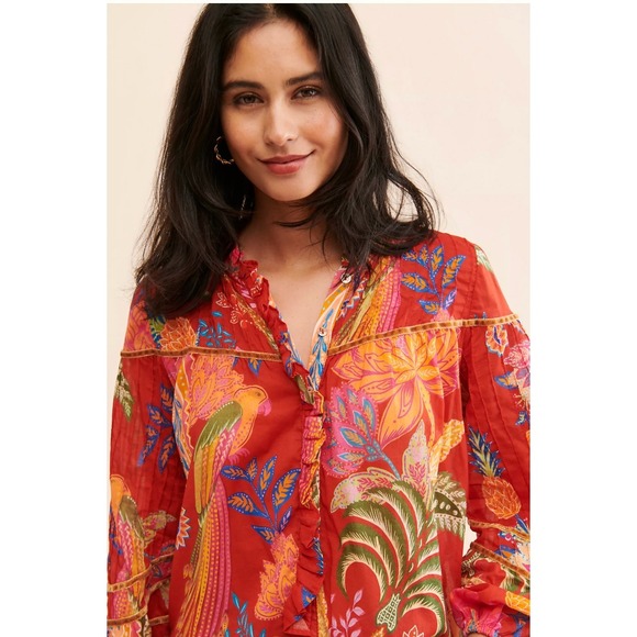 FARM Rio Mystic Bush Ruffled Blouse Floral Bird Print Button Front Ruffled Red M - Picture 3 of 16